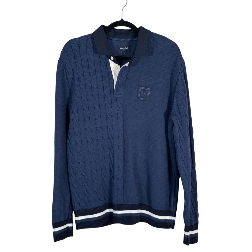 Eden Park Blue Cable Knit Rugby Sweater Mens L Preppy Cotton Luxury Collegiate